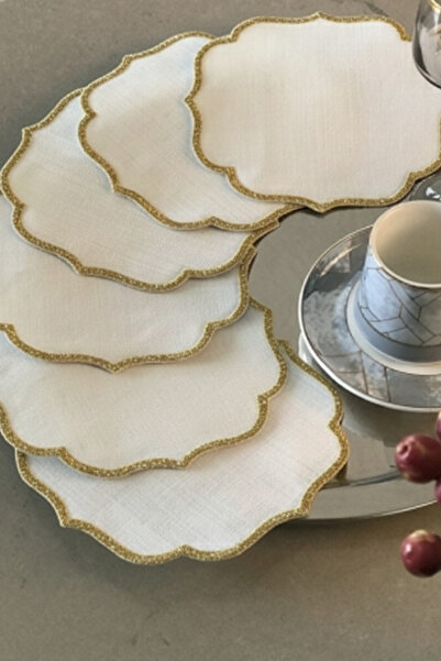 e-Bizz Store 6 Pieces of Linen Fabric with Embroidered Coffee Side Presentation Cocktail Napkins & Coasters Gold