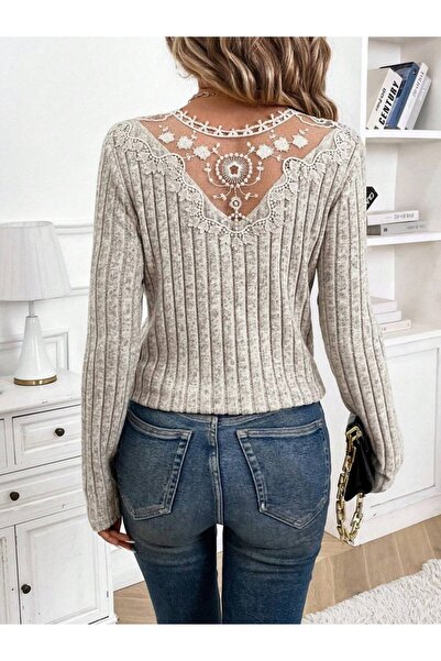 JANES Bluză pentru femei cu mânecă lungă, cu decolteu în V, cu detaliu din da...