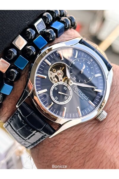 Ferrucci Automatic (Battery-Free) Men's Watch, Navy Blue Leather Band, Comes in a Stylish Box with a Couple Bracelets as a Gift