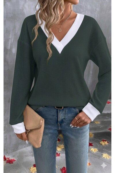 buğrahayalin Women's Long Sleeve V-Neck Waffle Blouse