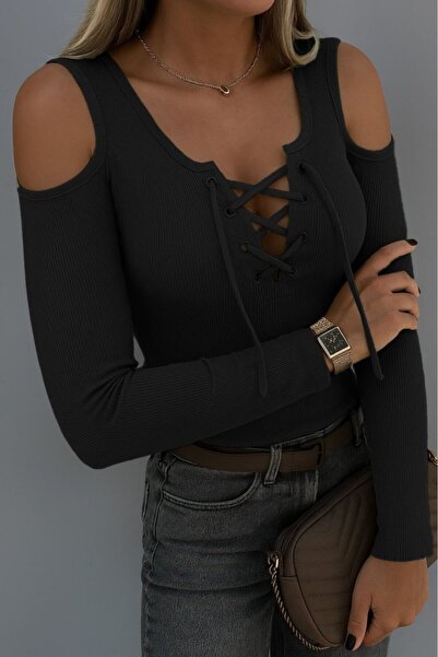 JANES Women's Off the Shoulders Long Sleeve Lace up Camisole Blouse