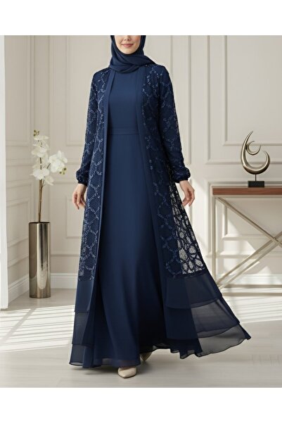 COjans Sequined Skirt Double Abaya with Layered Belt - Navy