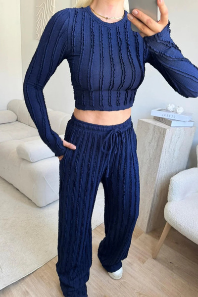 trendalisse Lacivert Kışlık Premium Fitilli Parmak Geçmeli Crop Bluz Bol Paça Pantolon Takımı