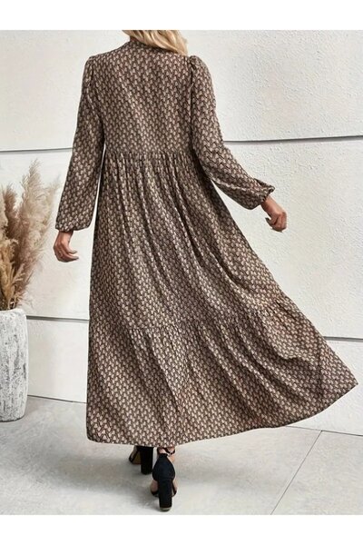 JANES Γυναικείο μακρυμάνικο φόρεμα με κολάρο με κουμπιά χωρίς ζώνη με σχέδιο Maxi Single Jersey