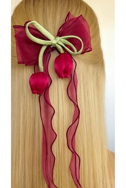 NİLZ Burgundy Tulip and Bow Detailed Tailored Automatic Buckle