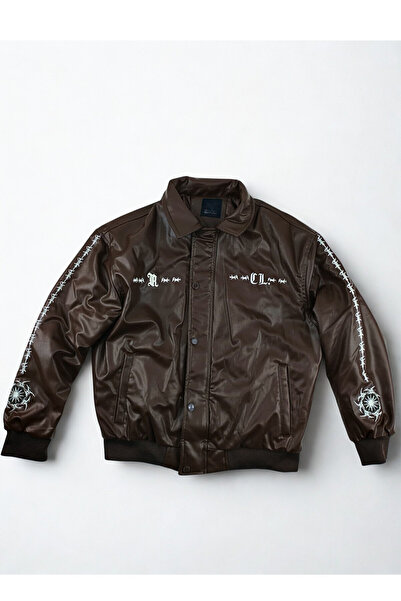 A&O Style Ανδρικό δερμάτινο μπουφάν Bomber με επένδυση με κεντημένο καφέ oversized Thorn