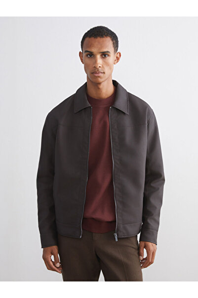 LC Waikiki Jachetă pentru bărbați cu guler cămașă standard maro aspect de piele