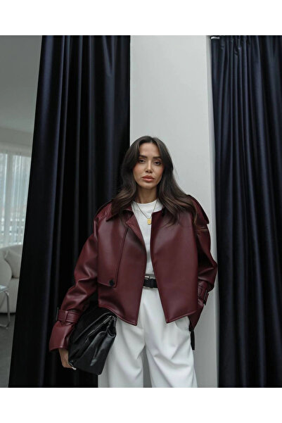 Pullaps Oversize Deri Kısa Mont Bordo