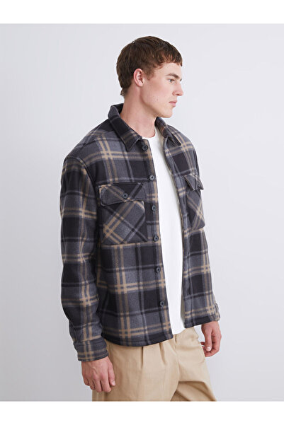LC Waikiki Jachetă cămașă pentru bărbați în carouri cu mâneci lungi, neagră, ...