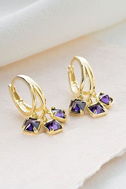 MUİ JEWELRY 925 Ayar Gold Mor Taşlı Gümüş Küpe