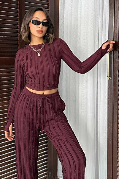 trendalisse Burgundy Winter Premium Corded Fabric Finger Snap Crop Blouse Wid...