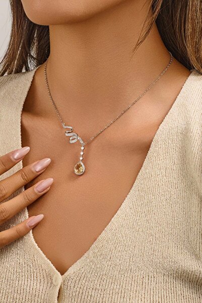 FAYRA ACCESSORIES Sitrin Doğal Taşlı ve Zirkon Taşlı Beyaz Altın Kaplama Kolye