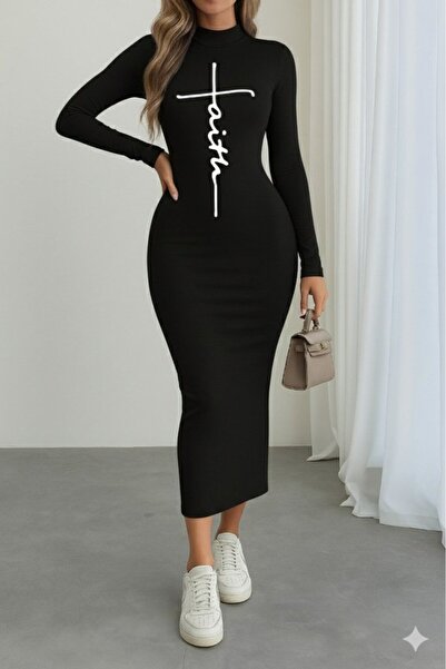 Nnstartshopping   Women's Long Sleeve Turtleneck Print Detailed Viscose Full Length Dress