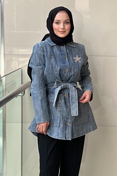 Nuss Stone Embroidered Front Snap Button Belted Denim Cap