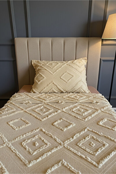 Morpheus Home İskandinav Püsküllü Tek Kişilik Yatak Örtüsü Cappuccino 180 x 250 Tek Yastık