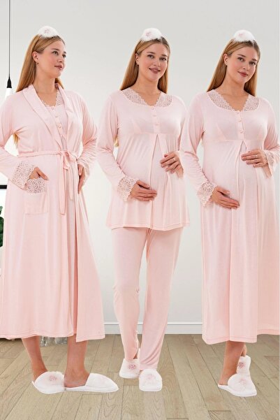 Lohussa Kadın Pudra Şal Yaka Dantelli Uzun Kol Özel Tasarım Lohusa Hamile Sab...