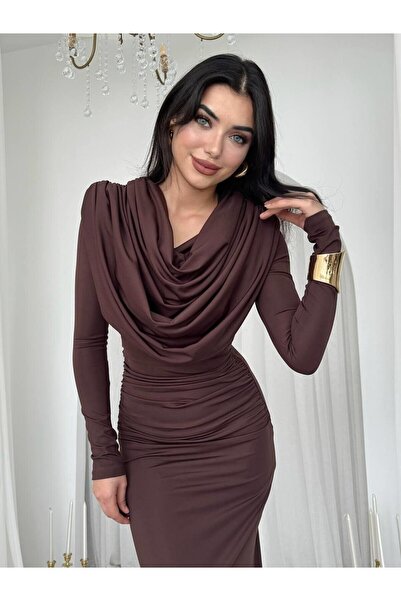 Monapera Crimson Yakası Drapeli Uzun Kollu Maxi Boy Elbise