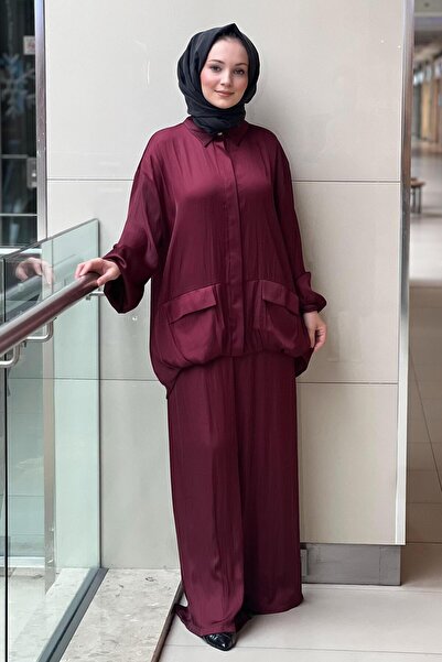 Ghisa Satin Shirt with Hidden Button Pockets Loose Pants