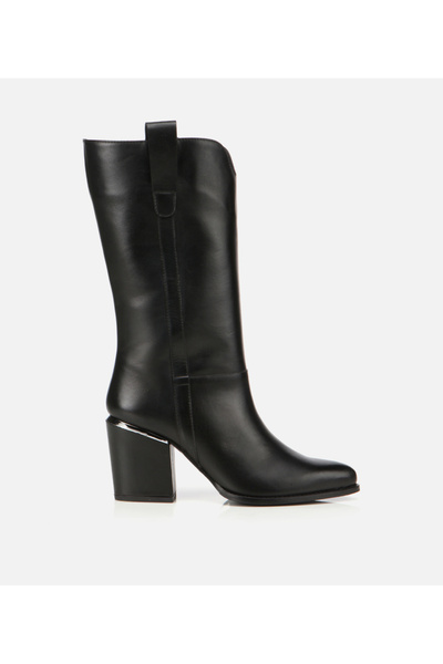 Hotiç Kadın Deri Siyah Metal Detaylı Topuklu Çizme