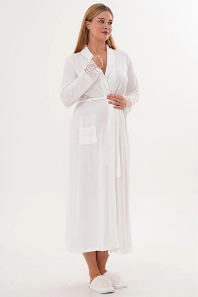 Lohussa Women's Ecru Shawl Collar Pocketed Belted Special Design Lace Detailed Cotton Stretchy Dressing Gown