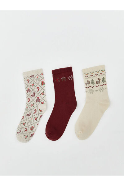 LC Waikiki MA BELLA Ekru Yılbaşı Temalı Kadın Soket Çorap 3'lü