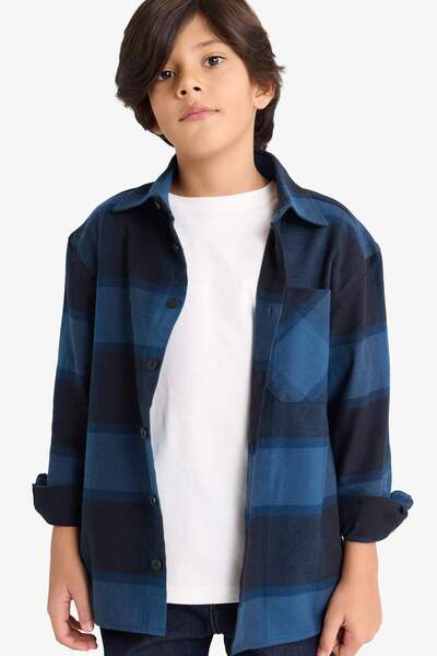 DeFacto Erkek Çocuk Oversize Geniş Kalıp Polo Yaka Kareli Flanel Uzun Kollu Gömlek G3461A825WN