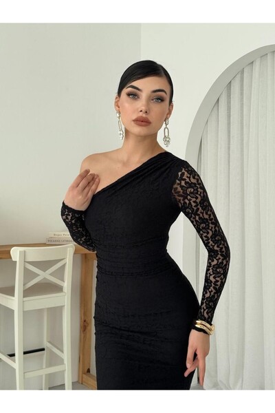 Mostpera Bees Tek Omzu Açık Dantel Midi Elbise