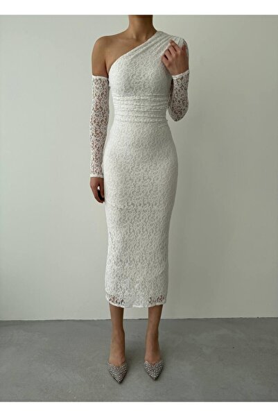 Mostpera Bees Tek Omzu Açık Dantel Midi Elbise