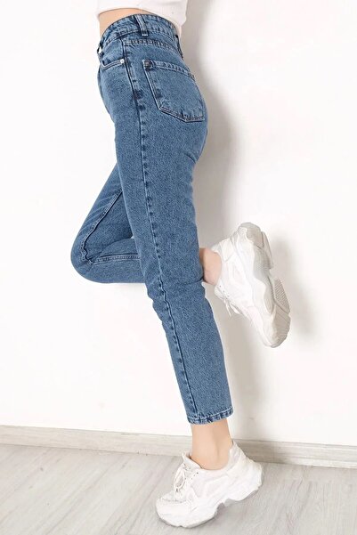 JILLY Lina Kar Mavi Mom Jeans Yüksek Bel Rahat Boyfriend
