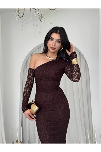 Masspera Bees Tek Omzu Açık Dantel Midi Elbise