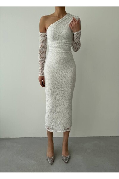 Masspera Bees Tek Omzu Açık Dantel Midi Elbise