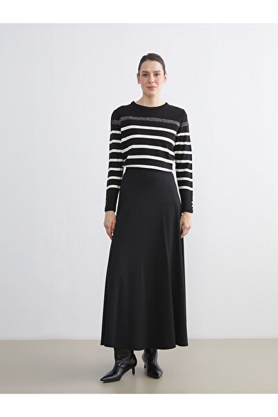 LC Waikiki Black Crew Neck Striped Women's Knitwear Sweater