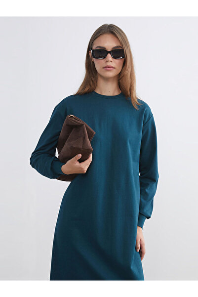 LC Waikiki Lcw Modest Petrol Crew Neck Sweatshirt Dress