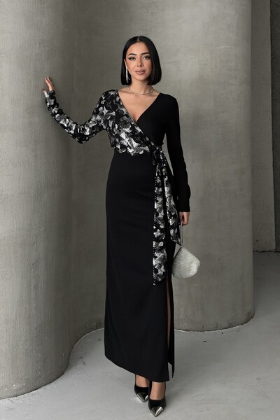 ALFUDO Moda Collection Siyah Gold Desenli Kruvaze Uzun Abiye Elbise