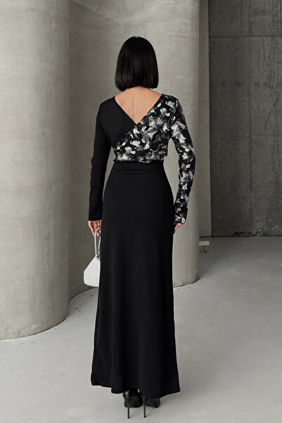 ALFUDO Moda Collection Siyah Gold Desenli Kruvaze Uzun Abiye Elbise