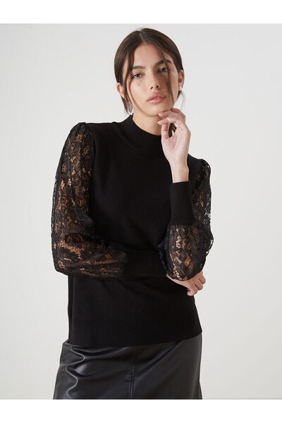 LC Waikiki Lcwaikiki Classic Black Half Turtleneck Lace Detailed Women's Knit...