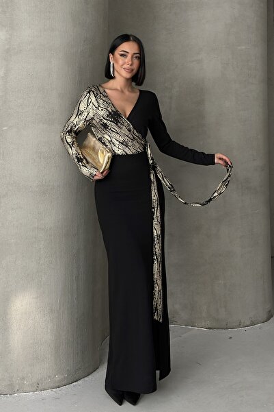 ALFUDO Moda Collection Siyah Gold Desenli Kruvaze Uzun Abiye Elbise