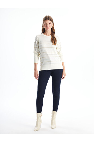 LC Waikiki Gestreifter Damen-Strickpullover mit Rundhalsausschnitt – W46396Z8