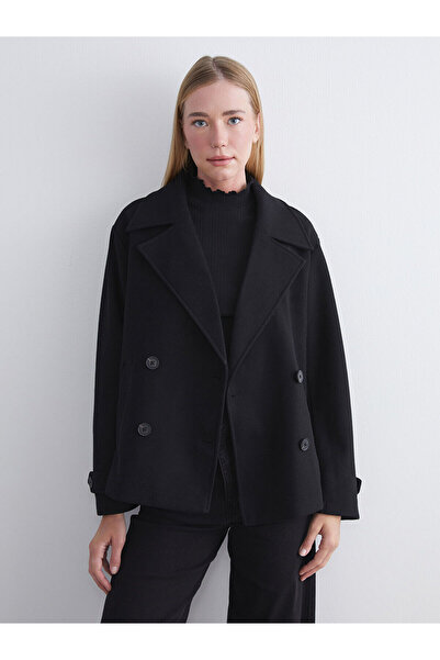 LC Waikiki Siyah Kruvaze Yaka Kadın Kaşe Kaban