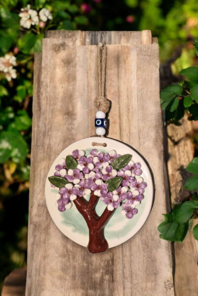 Revard Home Nazar Boncuklu Erguvan Ağacı Figürlü Seramik El Yapımı Dekoratif Şık Duvar Süsü Eşyası 19X19 CM