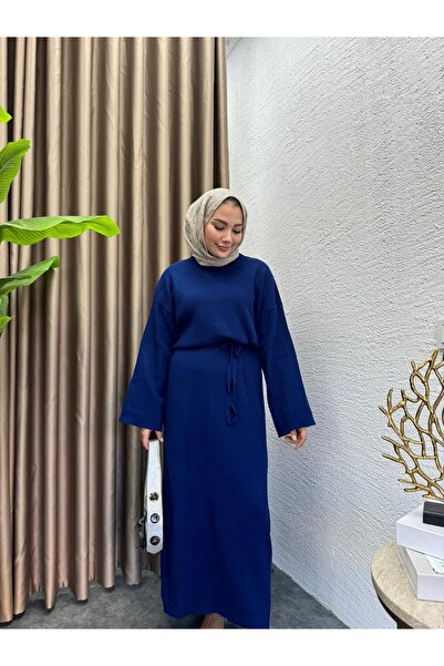 MEYSADESİGN Sara Kemerli Triko Elbise Lacivert