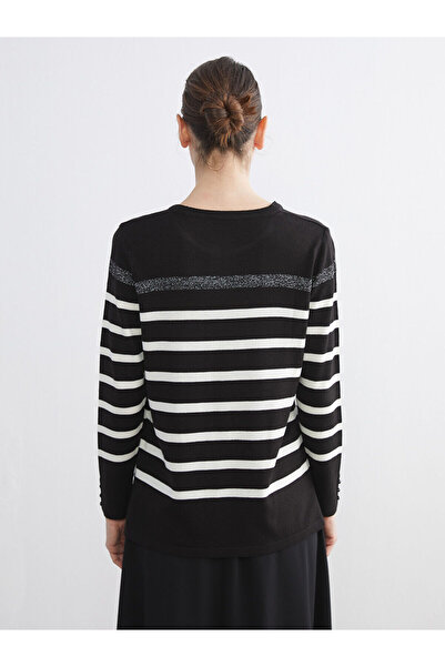 LC Waikiki Black Crew Neck Striped Women's Knitwear Sweater