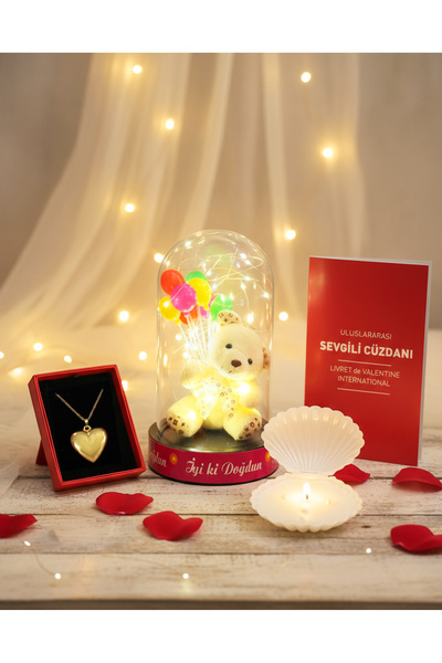 lenostra Sevgiliye Doğum Günü Hediyesi - Ledli Fanus - Sevgili Cüzdanı - İstiridye Mum - Çelik Kolye