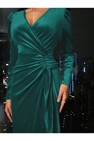 Giyimodam Γυναικείο μακρυμάνικο φόρεμα με διπλό λαιμόκοψη και πλαϊνό κορδόνι με βελούδο μίντι