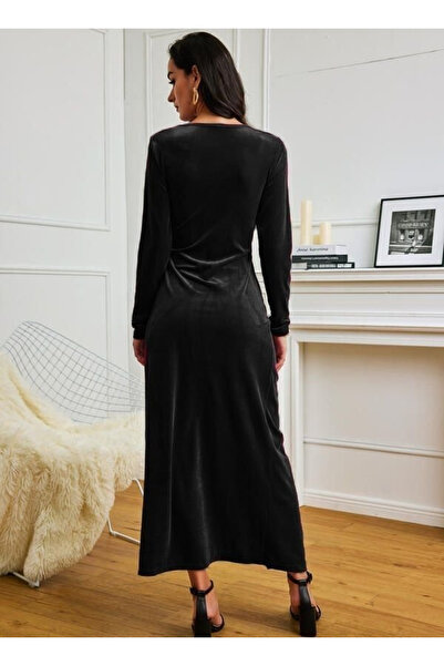 Nnstartshopping Women's Long Sleeve Double Breasted Collar Slit Velvet Dress