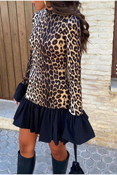 Sisa Butik Leopar Desen Scuba Dalgıç Kumaş Garnili Elbise