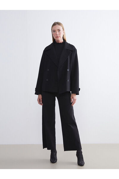 LC Waikiki Siyah Kruvaze Yaka Kadın Kaşe Kaban