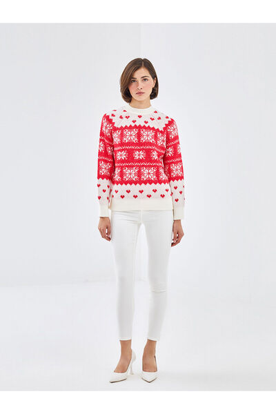 LC Waikiki Gemusterter Damen-Strickpullover mit Rundhalsausschnitt