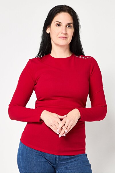 Karl Lagerfeld Women Round Neck Long Sleeve Embroidered Logo Top, Red