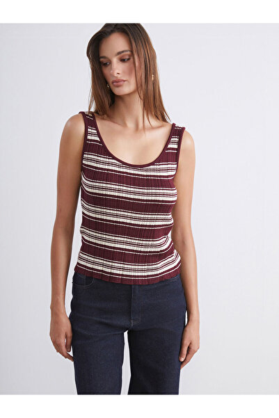LC Waikiki Burgundy U-Neck Striped Women's Knitwear Tank Top